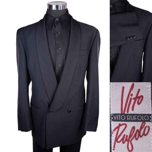 Vito Rufolo Solid Black Tuxedo Double Breasted Sz 41L Shawl Lapel Blazer Jacket